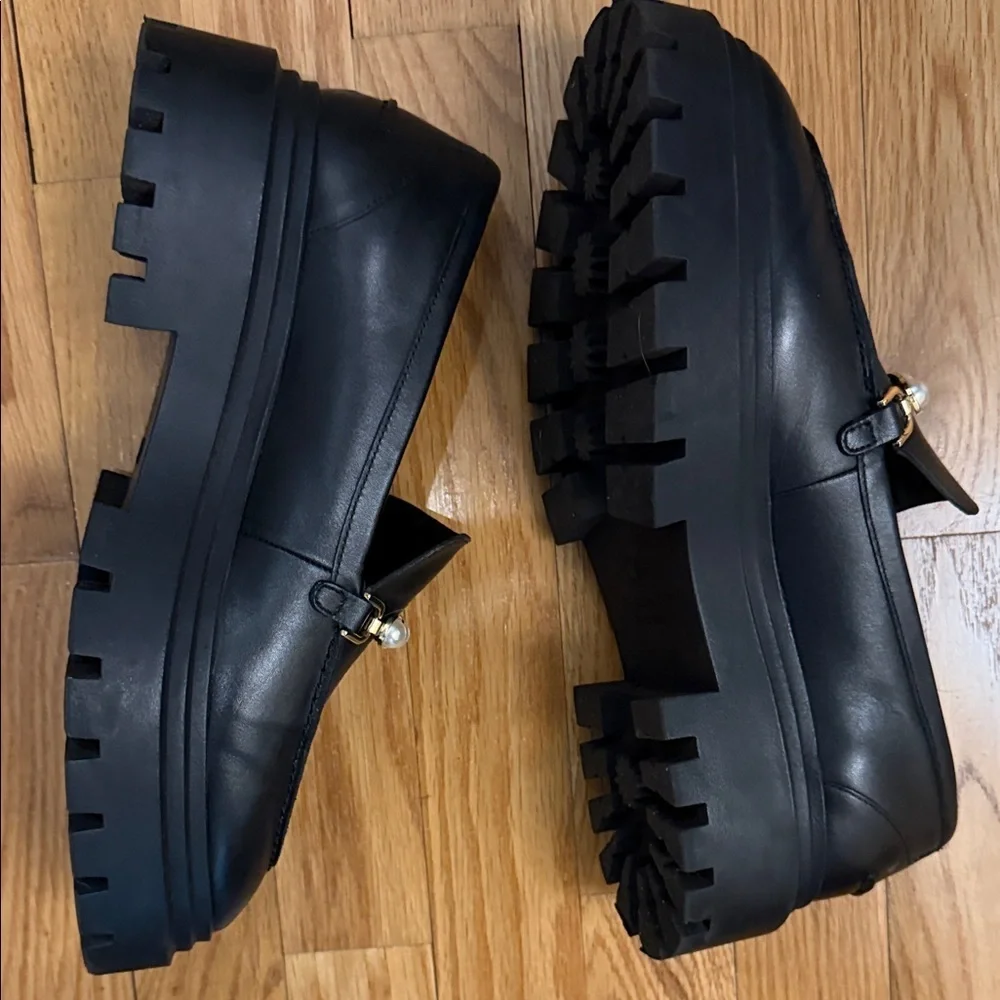 Stuart Weitzman Perla Black Loafers with Gold and Pearl Accents - Picture 2 of 3